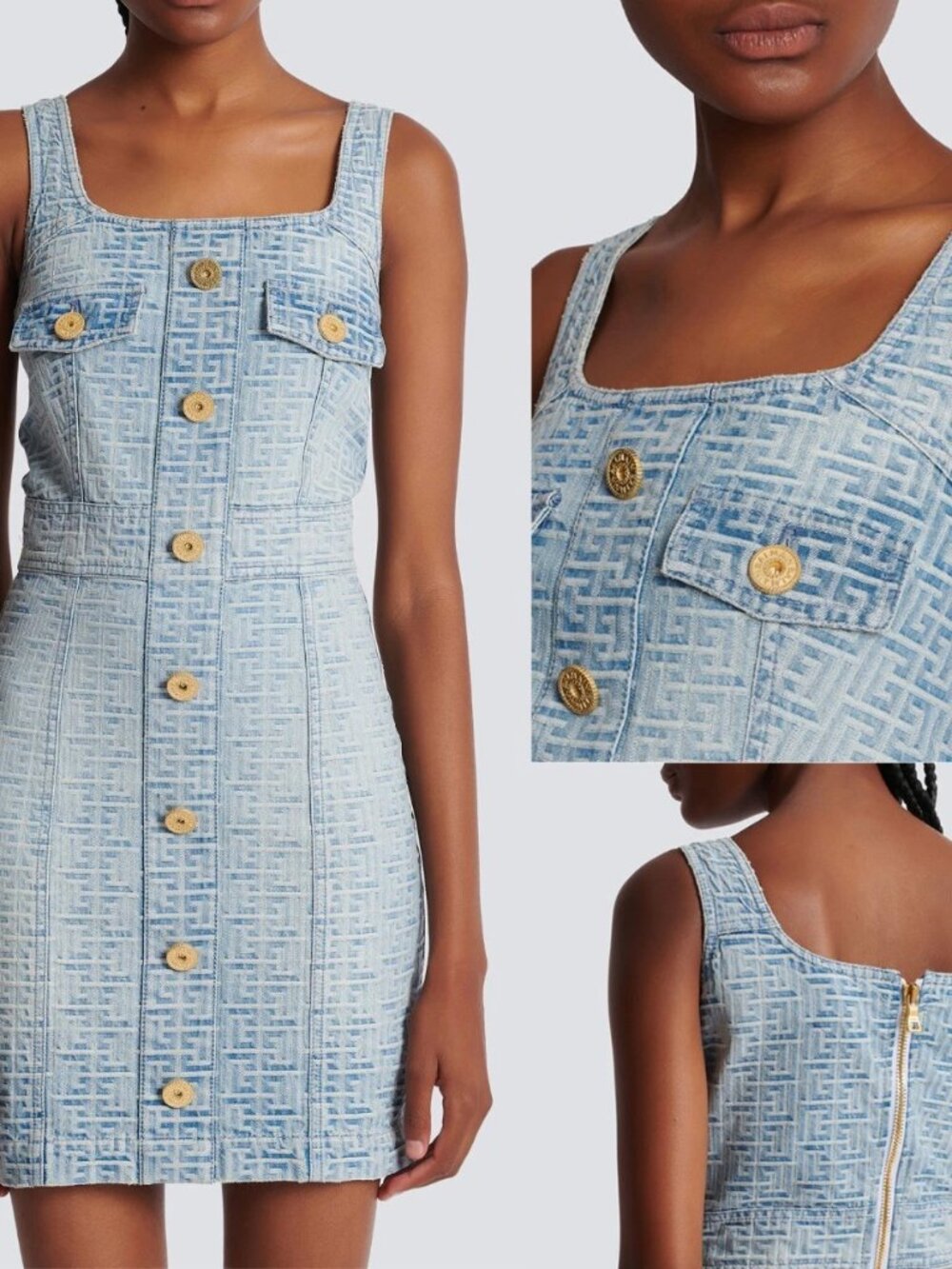 BALMAIN MONOGRAM LOGO LIGHT WASH DENIM Debossed Mini Dress USA 10 FR42  $2,925